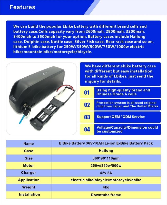 হাই পারফরম্যান্স ই বাইক ব্যাটারি হাইলং কেস 250w/350w/500w মোটর কালো