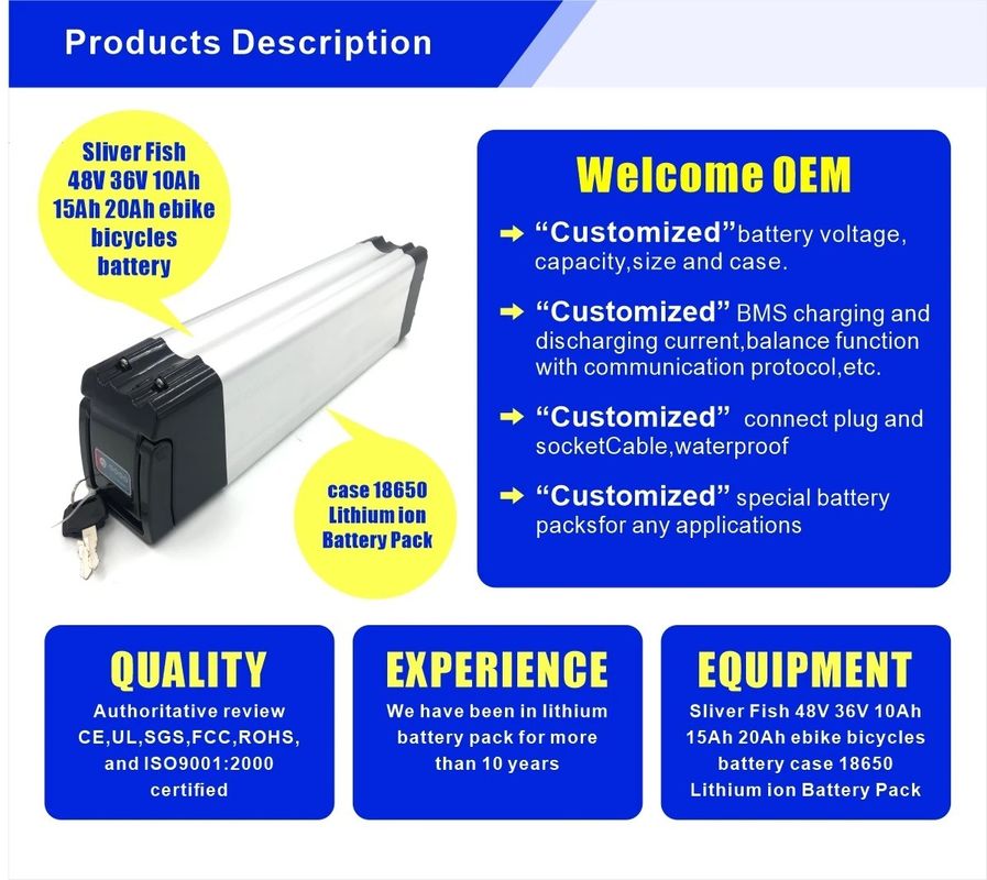 ইনুক ফ্যাক্টরি স্লিভার ফিশ 36v 10ah 250w ইলেকট্রিক বাইক ব্যাটারি / লিথিয়াম লোন ব্যাটারি প্যাক / ইবাইক ব্যাটারি